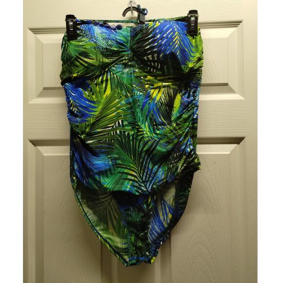 Chaps Women's Size 18 Blue Green Palm Frond Beaded Halter One-Piece Swimsuit - Picture 1 of 9